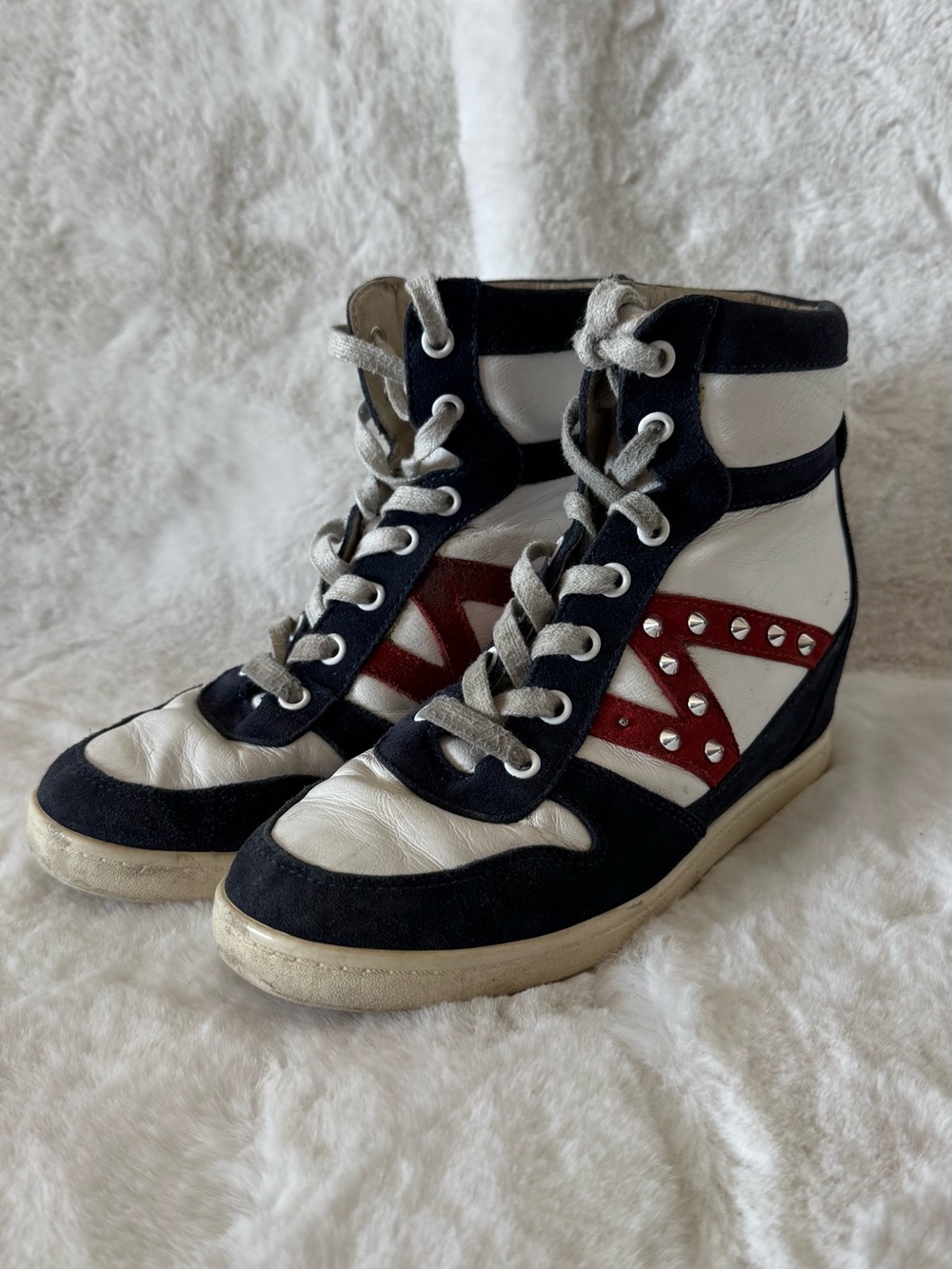 White, Black & Red High-Top Wedge Sneakers with Stud Accent